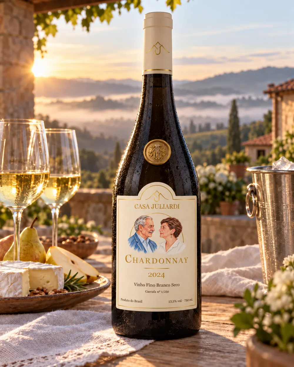 Casa Juliardi Chardonnay 2024 servido em cena à mesa, garrafa com rótulo e selo de cera