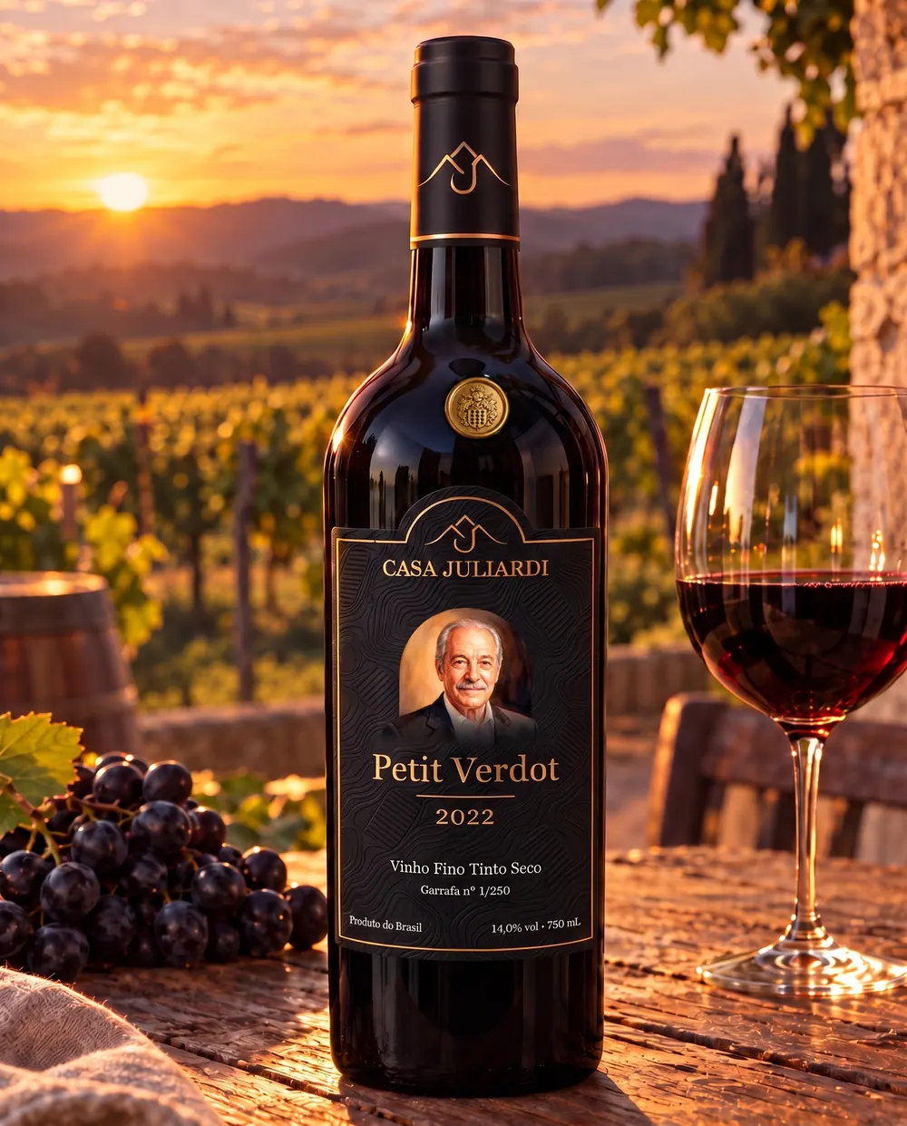 Casa Juliardi Petit Verdot 2022 servido em cena à mesa, garrafa com rótulo e selo de cera