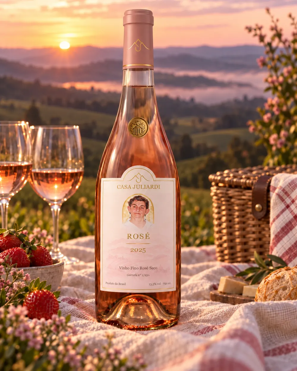 Casa Juliardi Rosé 2025 servido em cena à mesa, garrafa com rótulo e selo de cera